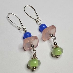 Dangle Earrings, Blue, Pink, Green